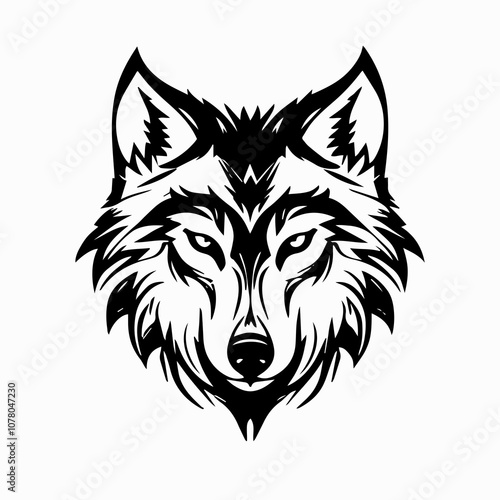 Head of wolf or face black silhouette on white background. Isolated vector illustration of Animal predator muzzle, forest sanitarian, wolf Logo, tattoo, icon, decal, print or sticker design element