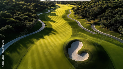 Obraz na płótnie Aerial view of a lush golf course with manicured fairways, sand bunkers, and surrounding trees casting shadows in late afternoon sunlight. w salonie