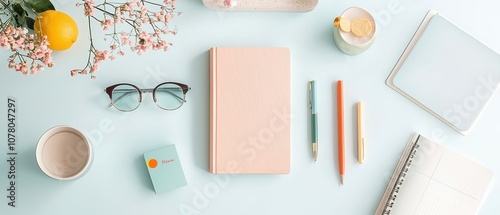 A colorful workspace featuring stationery, a notebook, and refreshing decor accents.