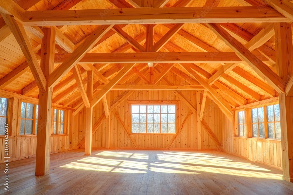 A spacious wooden interior with exposed beams and large windows, ideal for gatherings. A spacious wooden interior with exposed beams and large windows, ideal for gatherings.