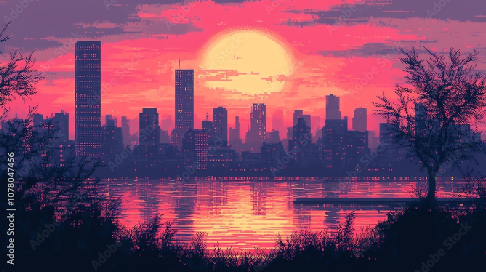 Fototapeta premium A pixelated cityscape silhouette at sunset with a large orange sun reflecting in the water.