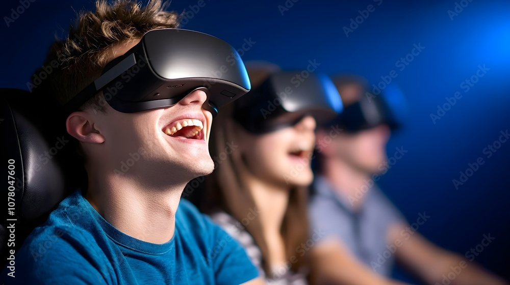 Enthusiastic group enjoying virtual reality experience Enthusiastic group enjoying virtual reality experience