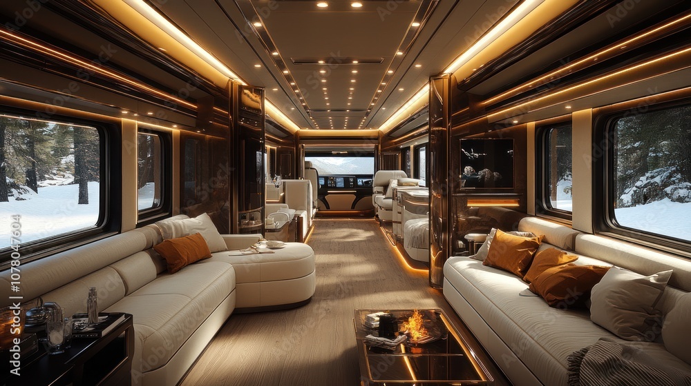 Luxurious interior of a modern travel vehicle, cozy and stylish. Luxurious interior of a modern travel vehicle, cozy and stylish.