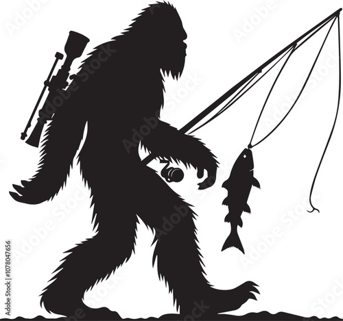 Bigfoot silhouette carrying a fishing rod over its shoulder photo