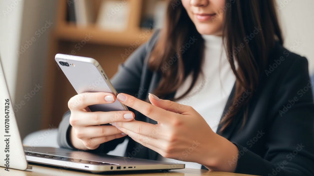 Professional Woman Using Smartphone and Laptop in Modern Office Setting, Ideal for Business and Technology Marketing Materials Professional Woman Using Smartphone and Laptop in Modern Office Setting, Ideal for Business and Technology Marketing Materials