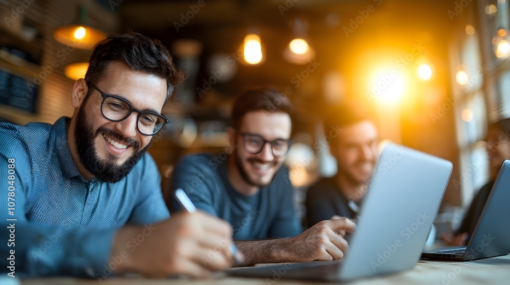Collaborative team working together in a cozy café setting Collaborative team working together in a cozy café setting