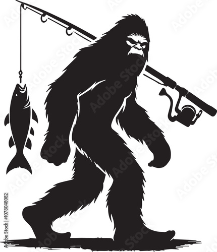 Bigfoot silhouette carrying a fishing rod over its shoulder