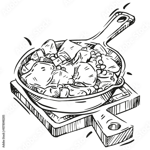 A detailed sketch of a sizzling skillet filled with fresh vegetables and tender meat on a wooden cutting board