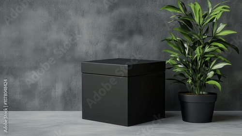 A minimalist black box and green plant against a textured gray background. photo