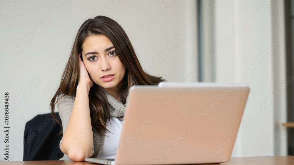 Young Woman Working on Laptop in Office Setting, Focused and Concentrated, Ideal for Business and Technology Concepts Young Woman Working on Laptop in Office Setting, Focused and Concentrated, Ideal for Business and Technology Concepts