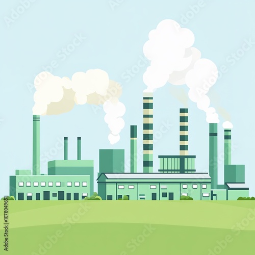 Industrial plant with pollution, green fields and blue sky.