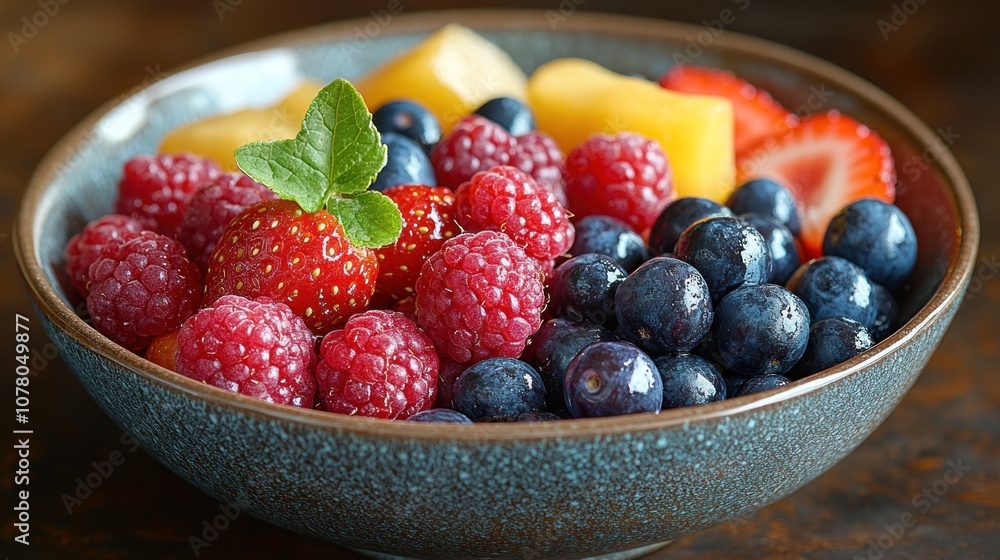 A vibrant bowl of mixed fresh fruits including berries and melon. A vibrant bowl of mixed fresh fruits including berries and melon.