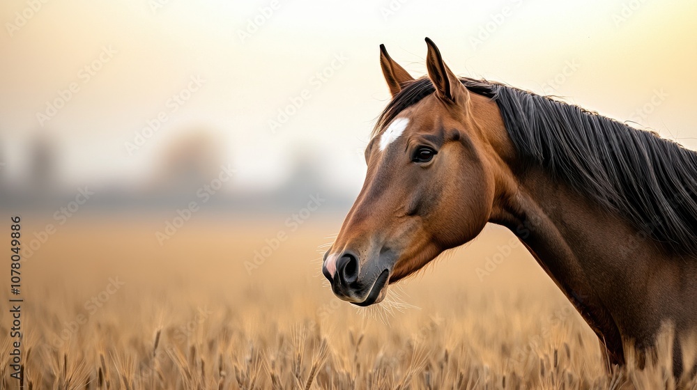Obraz premium A brown horse stands gracefully in a golden field, exuding calmness and beauty against a soft, natural background.