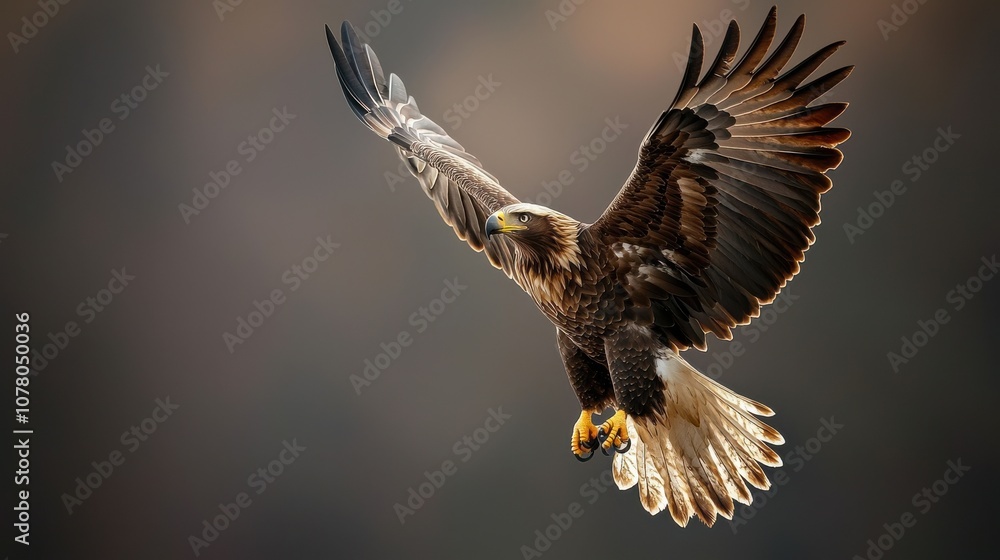 Obraz premium A majestic eagle soars gracefully through the air, showcasing its powerful wings and keen hunting instinct in a stunning display of nature's beauty.
