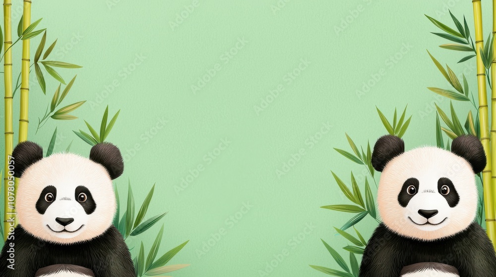 Two adorable cartoon pandas sit amidst bamboo on a soft green background, evoking a playful and serene atmosphere. Two adorable cartoon pandas sit amidst bamboo on a soft green background, evoking a playful and serene atmosphere.