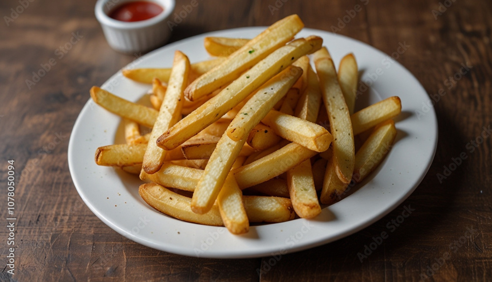 Close up a plate of Crispy french fries with sauce on the wooden table. Generative AI Close up a plate of Crispy french fries with sauce on the wooden table. Generative AI
