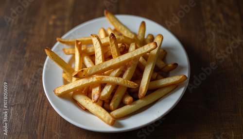 Close up a plate of Crispy french fries with sauce on the wooden  table. Generative AI photo