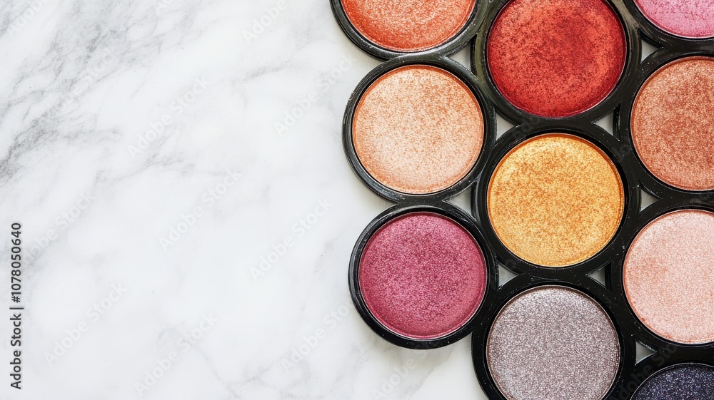 A vibrant collection of makeup palettes showcasing shimmering colors on a marble surface. A vibrant collection of makeup palettes showcasing shimmering colors on a marble surface.