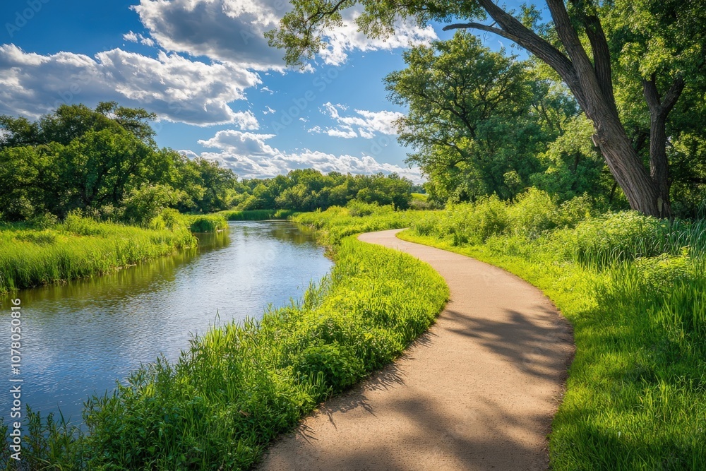 Winding Path Through Lush Greenery Along a River Winding Path Through Lush Greenery Along a River