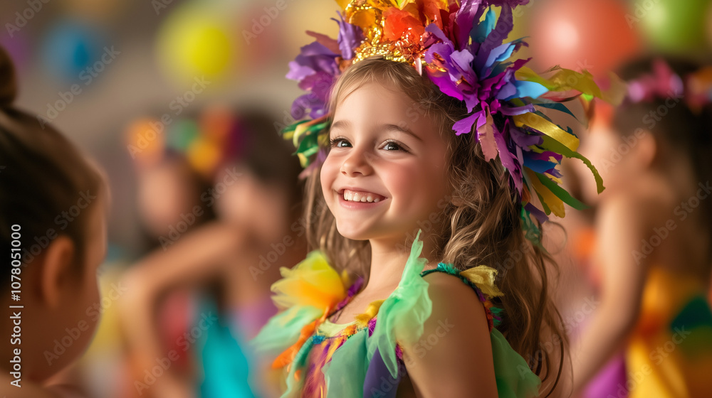 Smiling girl in colorful costume at school costume party Smiling girl in colorful costume at school costume party