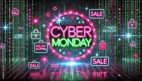 "Capturing the futuristic energy of Cyber Monday, these vibrant visuals highlight the excitement of shopping with a bold, digital edge."