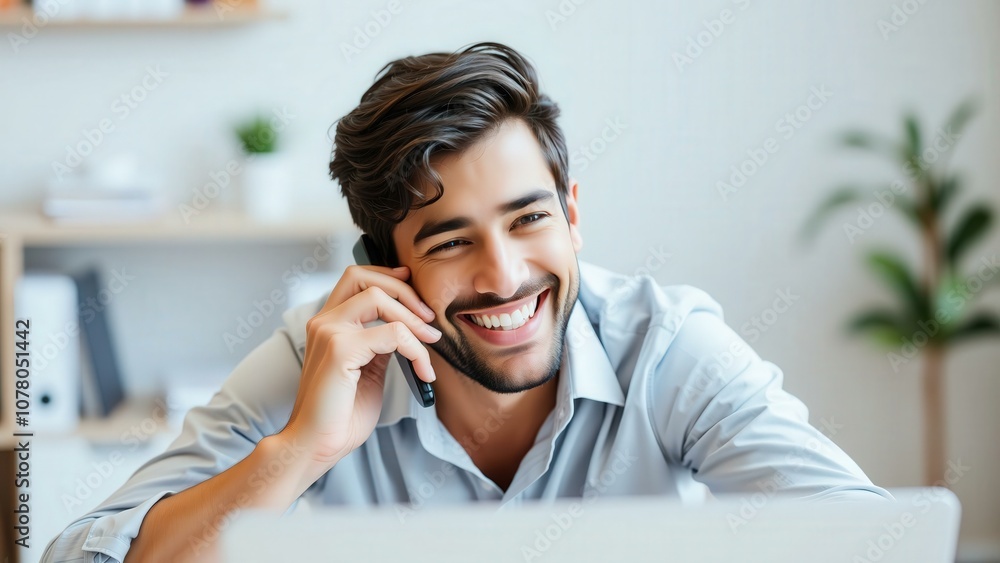 Happy Young Man Talking on Phone While Working on Laptop in Modern Home Office Setting, Ideal for Business and Marketing Campaigns