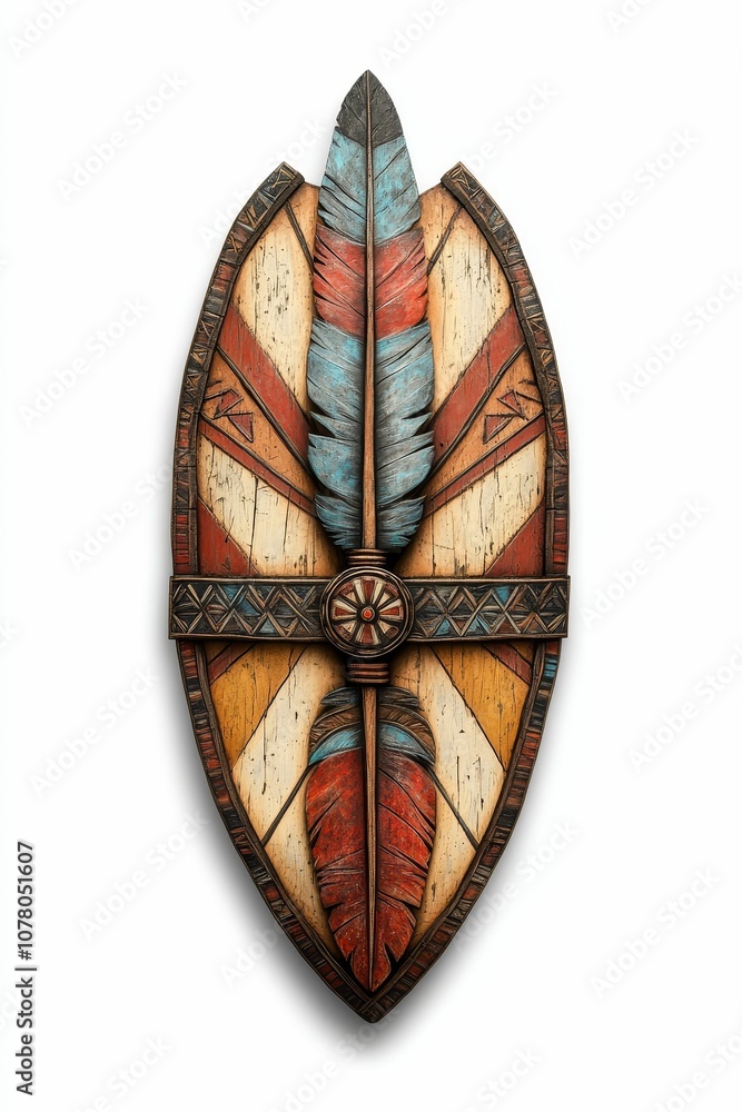 Ornate wooden shield with feather design. Ornate wooden shield with feather design.