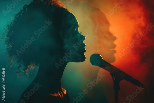 Speaker s shadow cast on the wall, focus on intense oration, power of words, dynamic, fusion, minimalistic studio backdrop photo