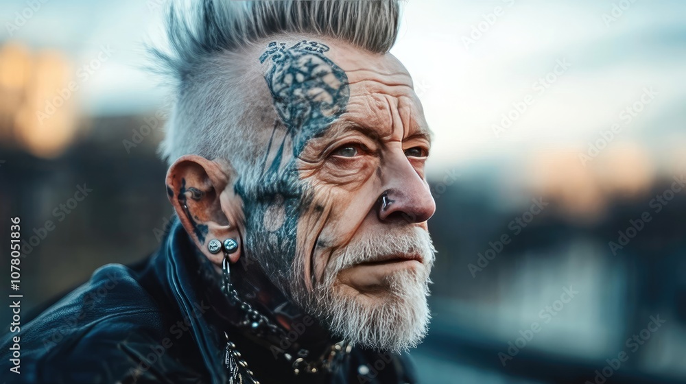 A close-up portrait of an elderly man with a face full of tattoos. He looks off into the distance with a thoughtful expression. A close-up portrait of an elderly man with a face full of tattoos. He looks off into the distance with a thoughtful expression.