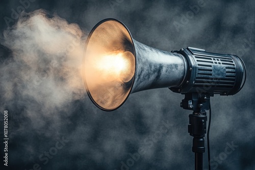 Speaker s shadow cast on the wall, focus on intense oration, power of words, dynamic, fusion, minimalistic studio backdrop photo