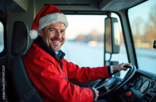 Cheerful santa claus truck driver celebrates holiday spirit on road