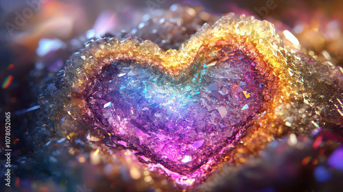 crystalline heart embedded in geode, showcasing vibrant colors and sparkling facets, evokes sense of wonder and beauty