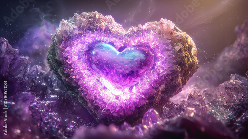 crystalline heart embedded in geode surrounded by purple crystals, radiating mystical glow. scene evokes feelings of love and beauty