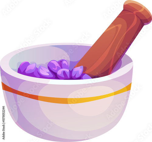 Cartoon mortar and pestle grinding fresh lavender flowers preparing herbal cosmetics, perfume, oil, medicine extract, natural organic remedies. Isolated vector concept of Provence, alternative healing