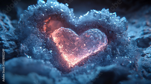 crystalline heart embedded in geode, glowing softly with swirling light. intricate details of crystals create mesmerizing effect, evoking feelings of love and beauty