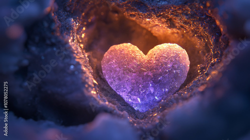 crystalline heart embedded in geode, glowing with iridescent colors, creates mesmerizing and enchanting visual. interplay of light and texture evokes sense of wonder and beauty