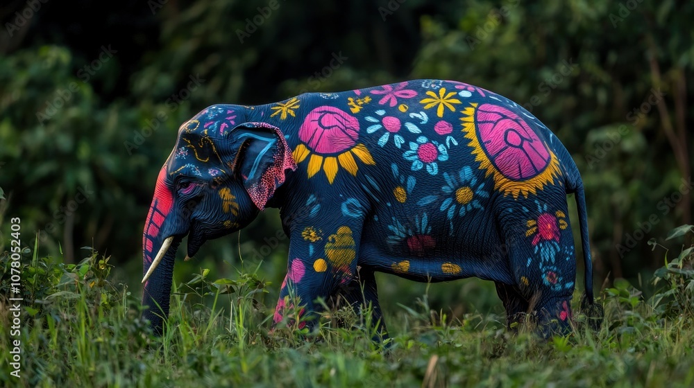 Obraz premium A vibrant elephant adorned with colorful floral patterns in a natural setting.