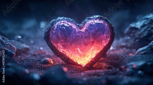 crystalline heart glowing with vibrant colors, surrounded by dark rocks, creates captivating and mystical atmosphere. iridescent hues evoke sense of wonder and beauty