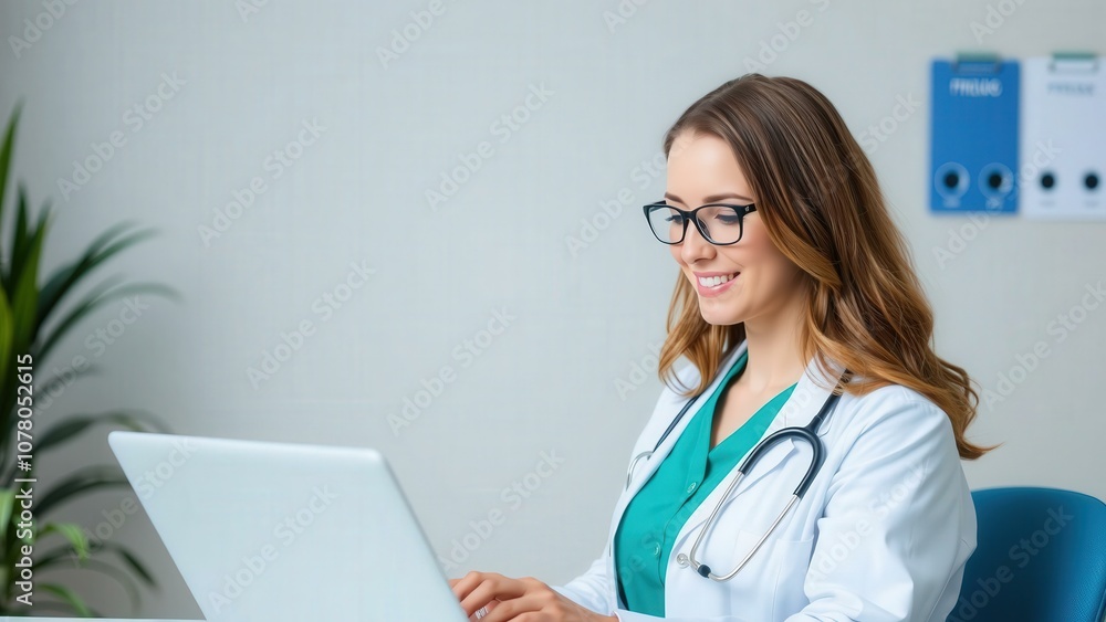 Professional Doctor Working on Laptop in Modern Medical Office Setting, Ideal for Healthcare and Medical Concepts Professional Doctor Working on Laptop in Modern Medical Office Setting, Ideal for Healthcare and Medical Concepts
