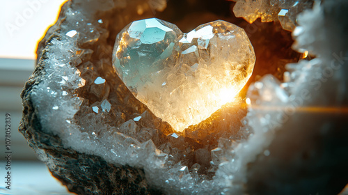 crystalline heart glowing with iridescent light, nestled in geode, radiates warmth and beauty. This stunning natural formation captivates with its intricate details and shimmering facets