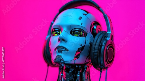 A futuristic robot head wearing headphones against a vibrant pink background.