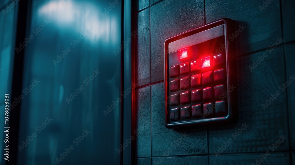 A security alarm panel inside a bank blinks red, highlighting a tense environment with natural light illuminating the scene