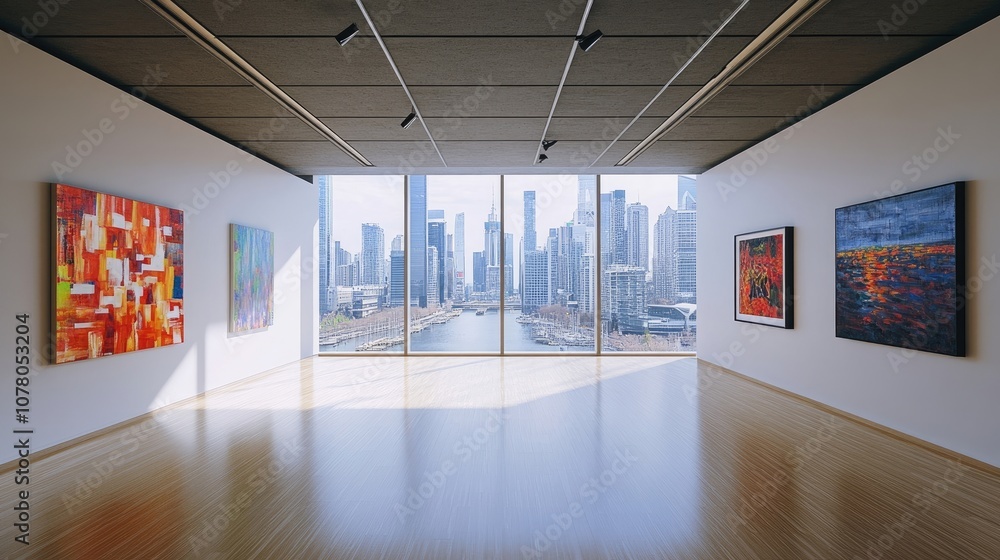 An empty gallery space with large windows overlooking a cityscape. An empty gallery space with large windows overlooking a cityscape.