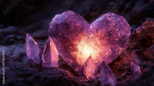 crystalline heart with subtle iridescent glow surrounded by smaller crystals, creating magical and enchanting atmosphere