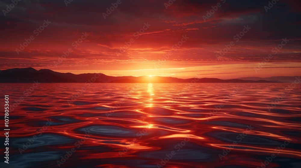 Fototapeta premium Water reflecting fiery sunset over mountain silhouettes. AI generative. .