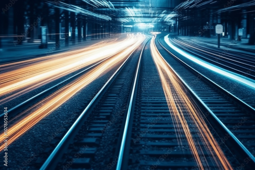 A night shot of train tracks with glowing light trails. AI generative. . A night shot of train tracks with glowing light trails. AI generative. .