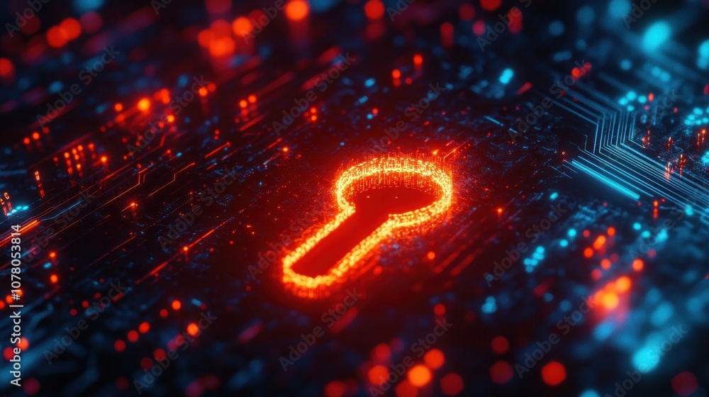 A digital keyhole glowing in red amidst a circuit-like background, symbolizing cybersecurity.