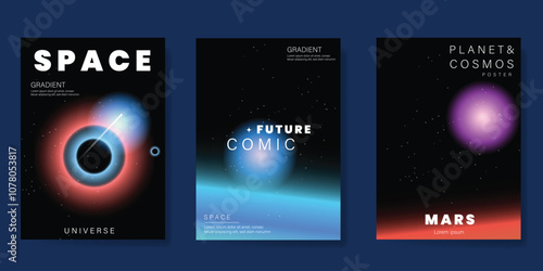 Planet and galaxy Space card vector set. Solar system with galaxy planets, asteroids, jupiter, saturn, mars, moon, ring line solar. Cosmic design for flyer, brochure, background, poster, cover.
