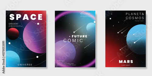 Planet and galaxy Space card vector set. Solar system with galaxy planets, asteroids, jupiter, saturn, mars, moon, ring line solar. Cosmic design for flyer, brochure, background, poster, cover.