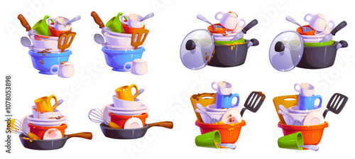 Dirty and clean restaurant dishes. Cartoon vector stacks of dirty dishes, pots, pans, bowls, cups and utensils piled high, highlights the chaos and clutter of unwashed kitchenware and household items